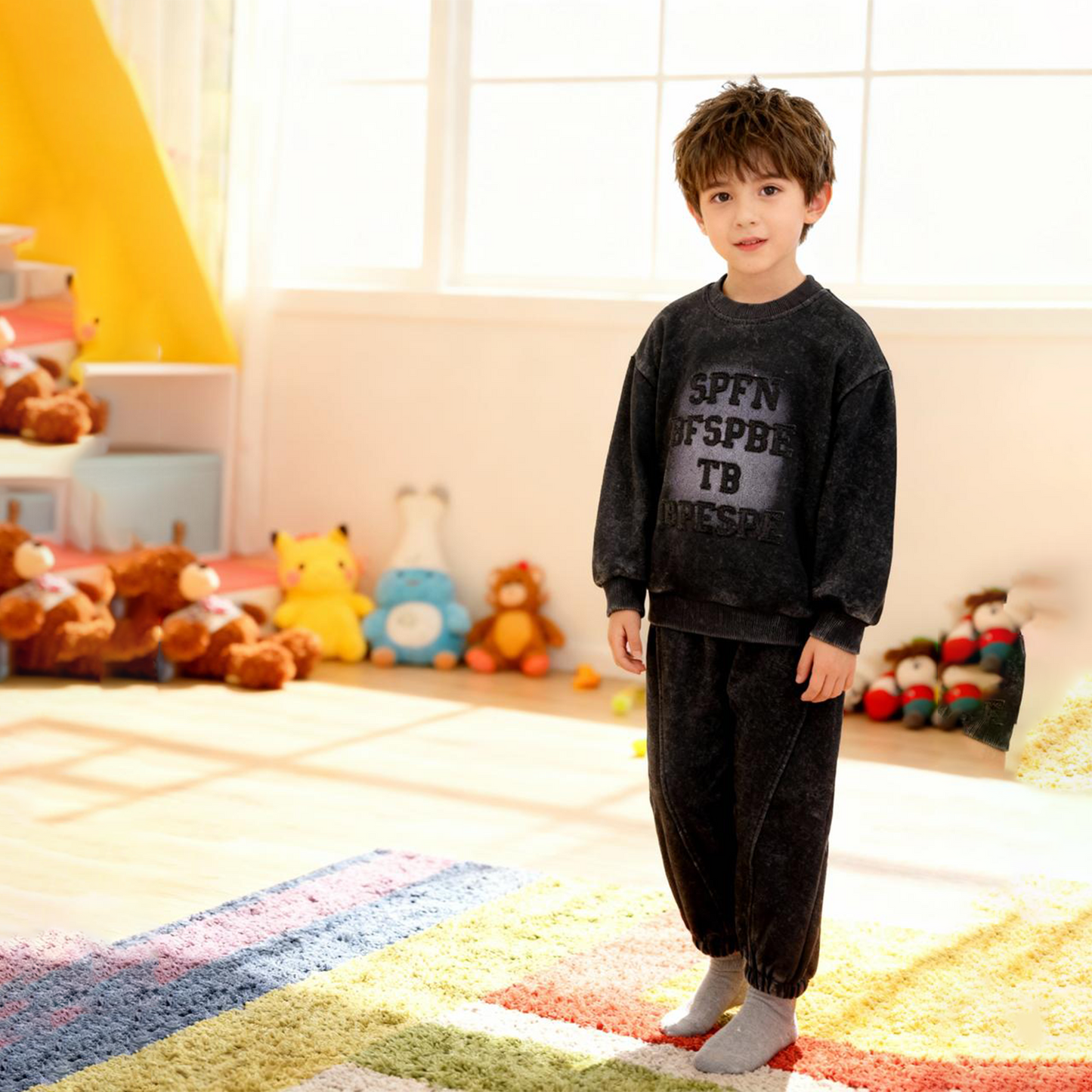 Premium Kids Black Text Print Tracksuit (Black)