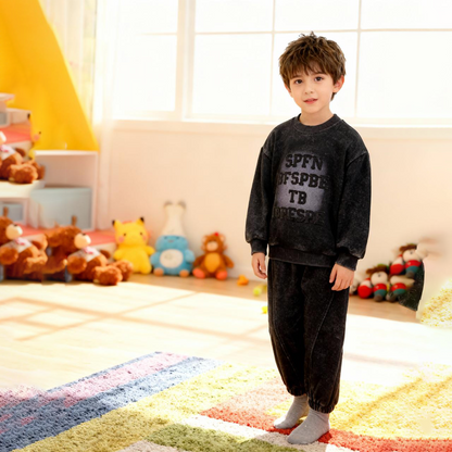 Premium Kids Black Text Print Tracksuit (Black)