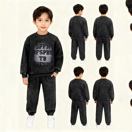 Premium Kids Black Text Print Tracksuit (Black)