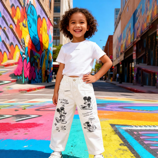 Disney Mickey Mouse Sketch Print Kids Jeans (White alm)