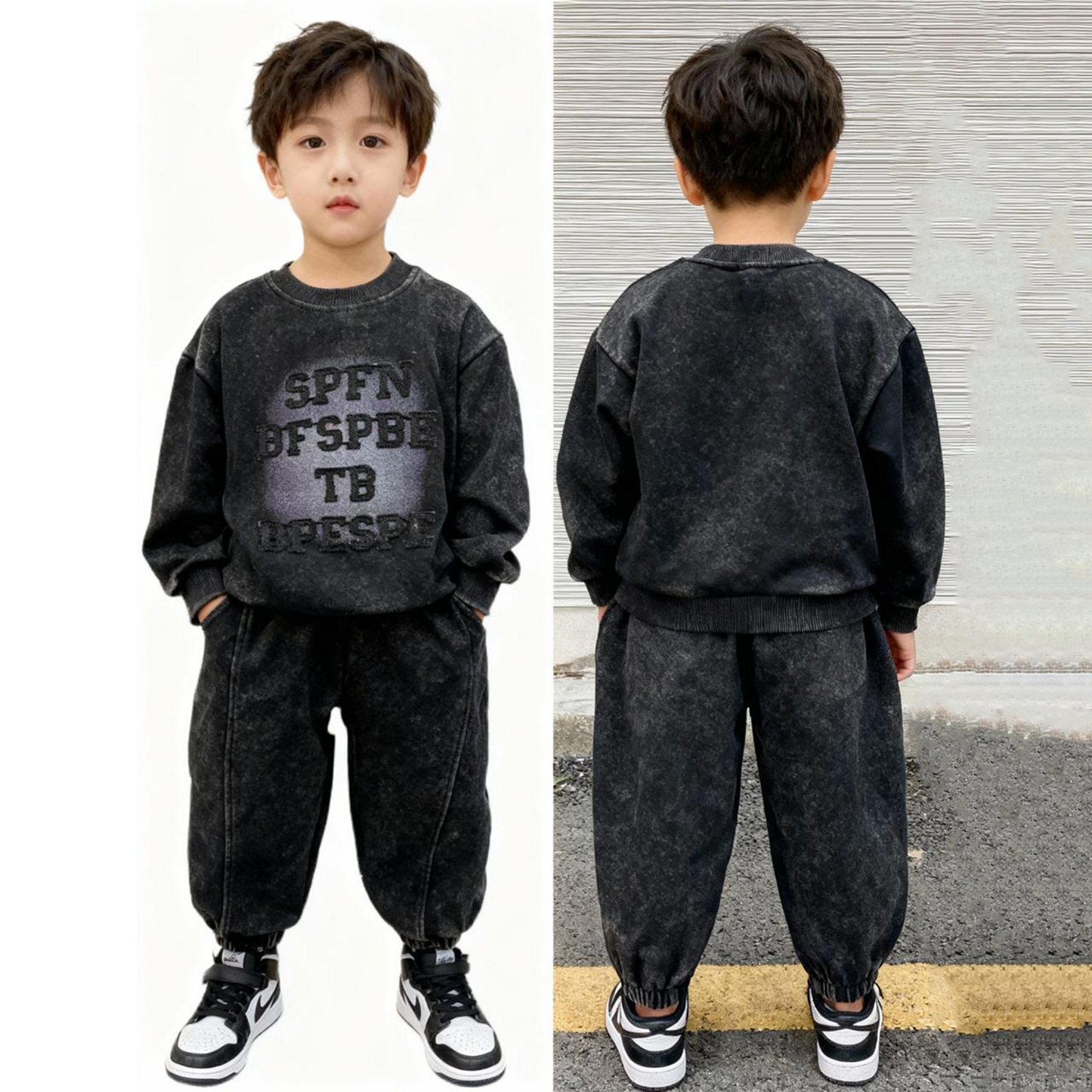 Premium Kids Black Text Print Tracksuit (Black)