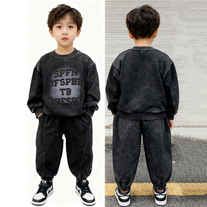 Premium Kids Black Text Print Tracksuit (Black)