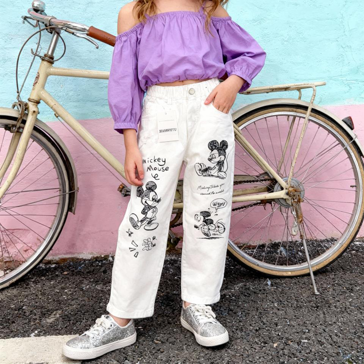 Disney Mickey Mouse Sketch Print Kids Jeans (White alm)