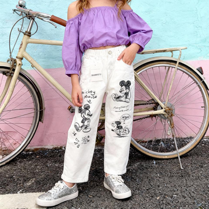 Disney Mickey Mouse Sketch Print Kids Jeans (White alm)