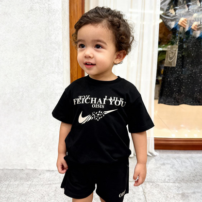 Black Breeze Graphic Shorts Co-ord Set (Black with Cream color graphic)