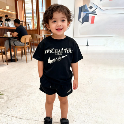 Black Breeze Graphic Shorts Co-ord Set (Black with Cream color graphic)