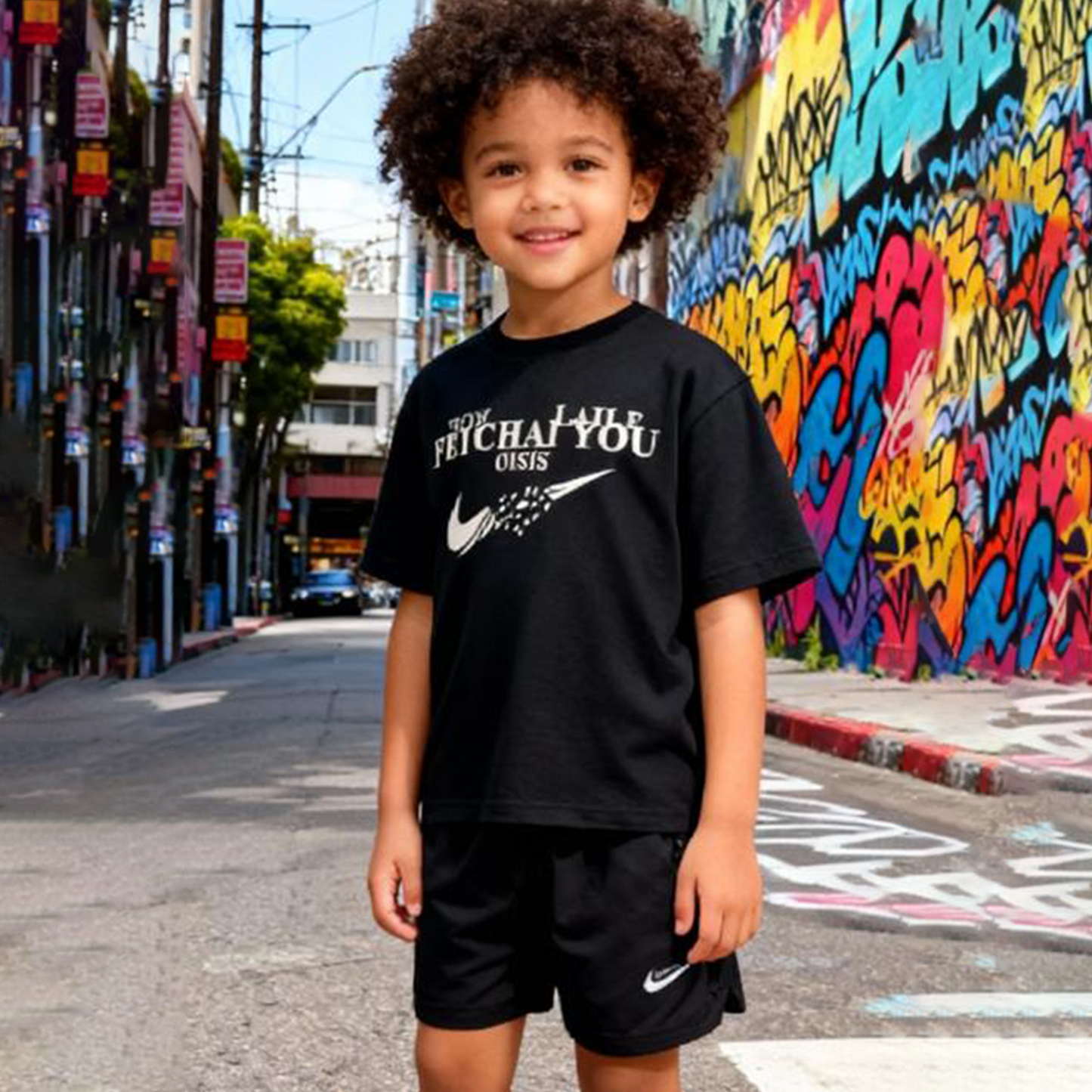 Black Breeze Graphic Shorts Co-ord Set (Black with Cream color graphic)