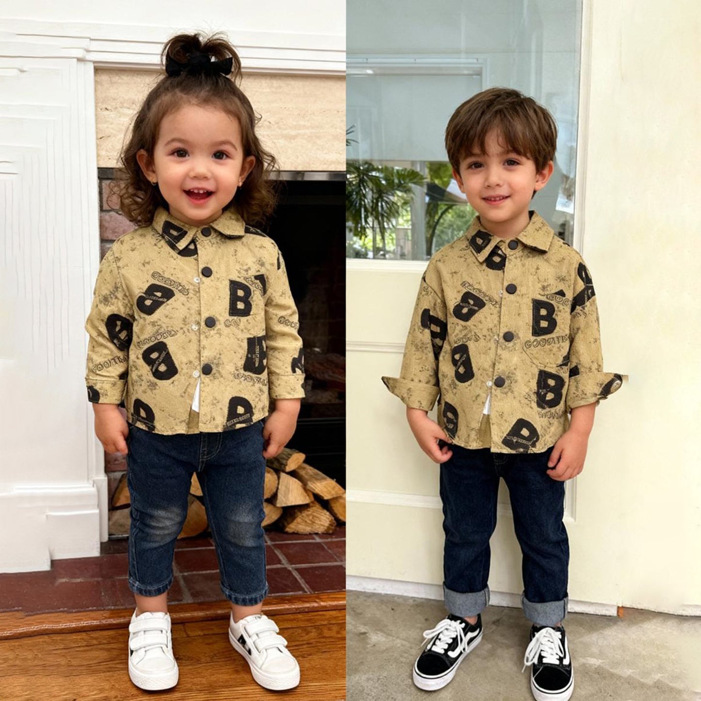 Bold Letter Kids 3 piece Co‑ord Set (Brown shirt with jeans)