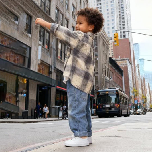 Checkered Kids Co‑ord 3 piece set (Beige & dark gray checks shirt with jeans)