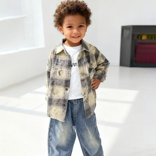 Checkered Kids Co‑ord 3 piece set (Beige & dark gray checks shirt with jeans)