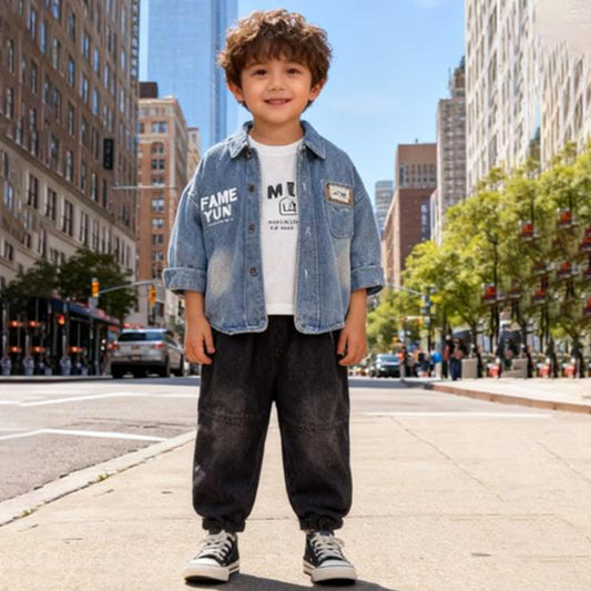 Denim Explorer Kids Co‑ord 3 piece Set (Blue denim shirt with jeans)