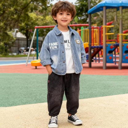 Denim Explorer Kids Co‑ord 3 piece Set (Blue denim shirt with jeans)