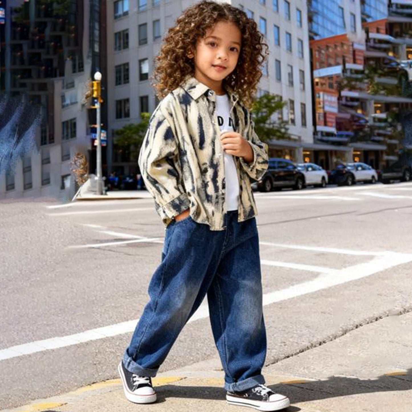 Ink Splash Denim Layered 3 piece Set (Light Beige with Blue)