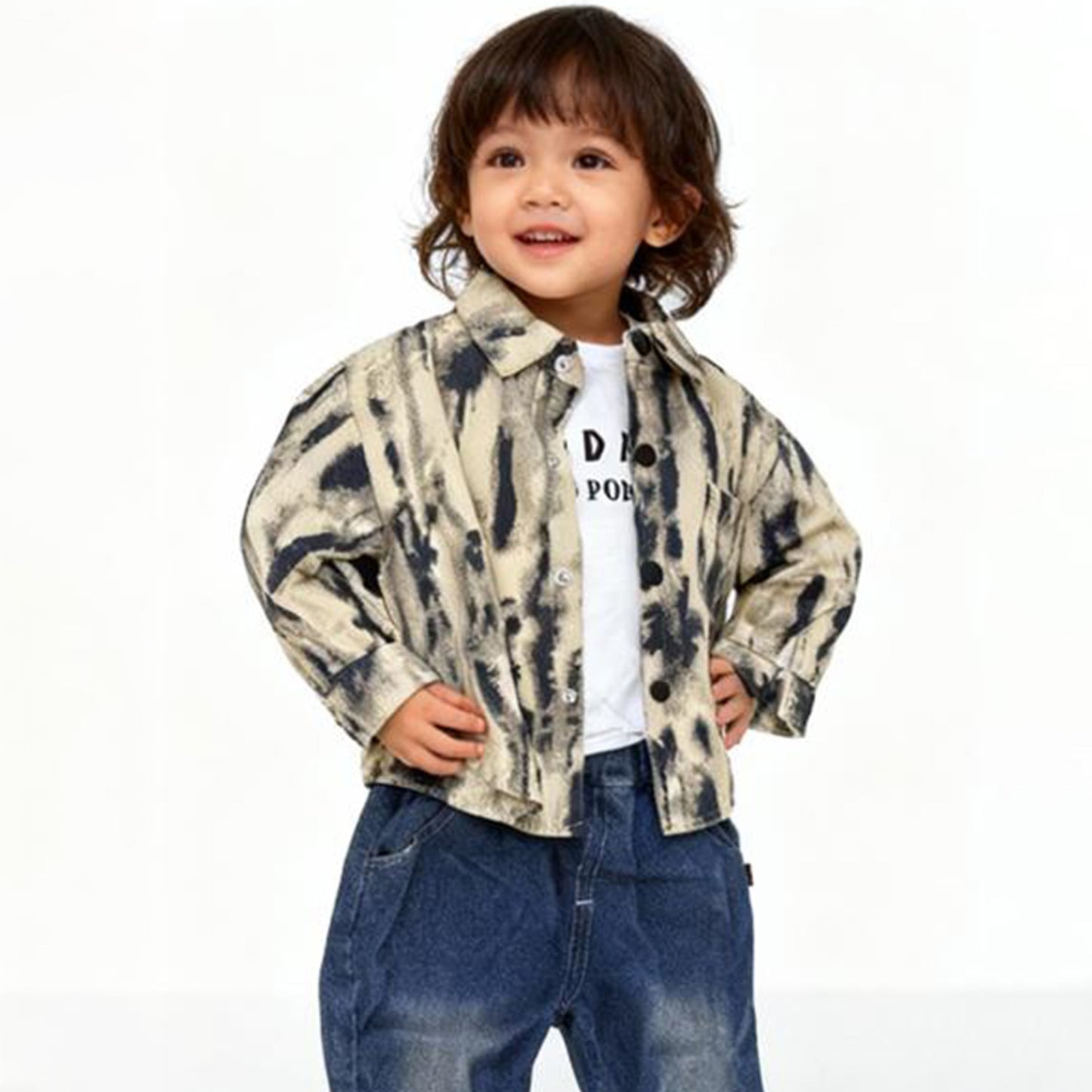 Ink Splash Denim Layered 3 piece Set (Light Beige with Blue)