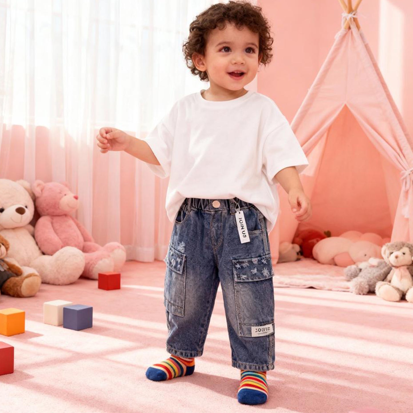 Joinus Butter Soft Distressed Cargo Jeans for Kids (Blue)