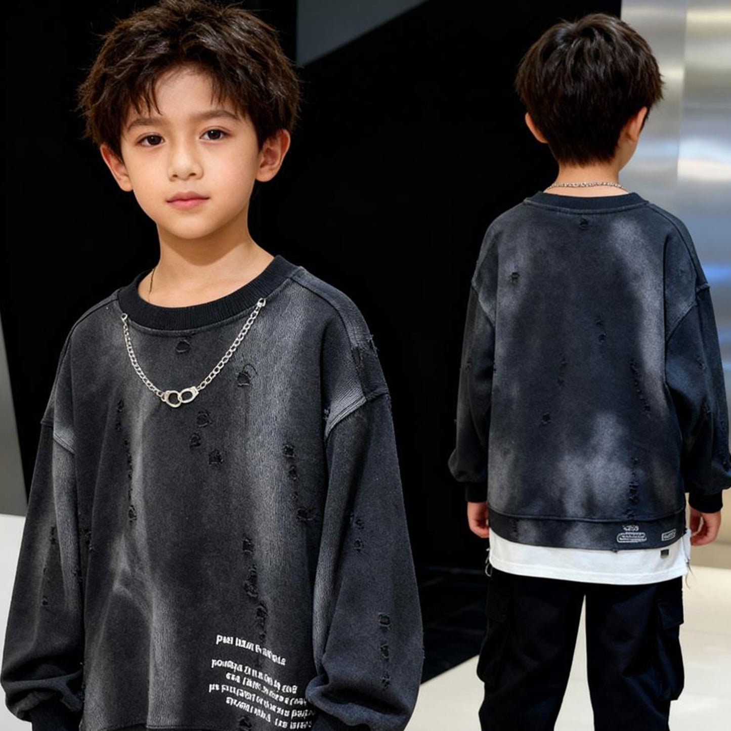 Kids Charcoal Black Distressed Sweatshirt – Imported Winter Wear (Torn Black)