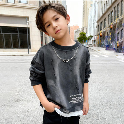 Kids Charcoal Black Distressed Sweatshirt – Imported Winter Wear (Torn Black)