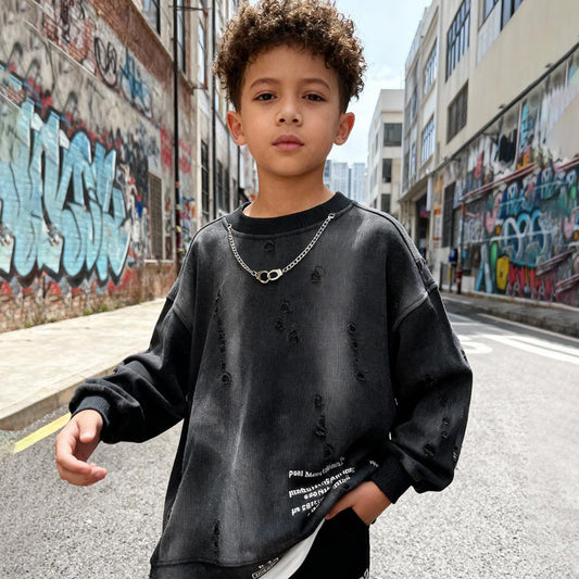 Kids Charcoal Black Distressed Sweatshirt – Imported Winter Wear (Torn Black)