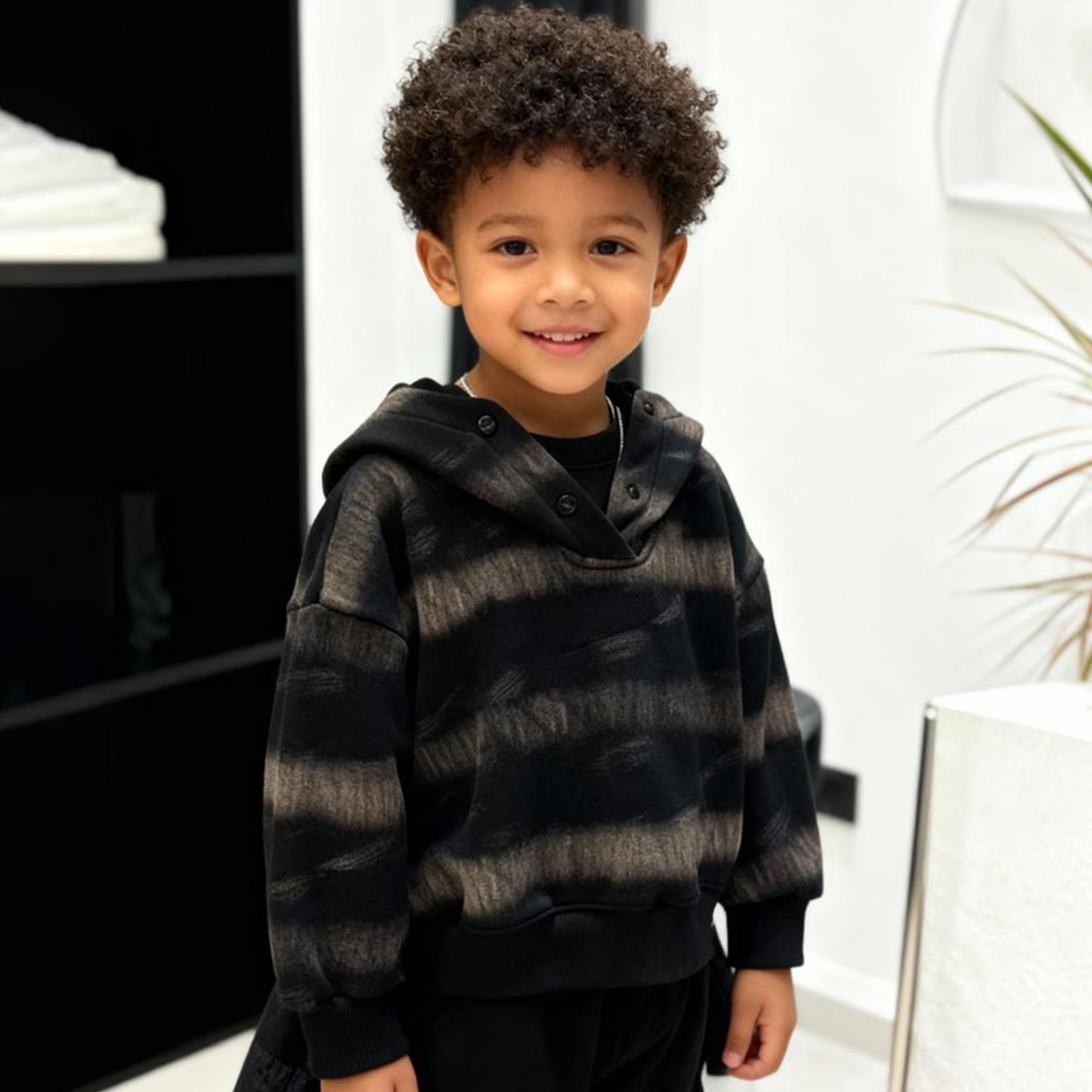 Midnight Brushstroke Hoodie (Black with Beige stripes)