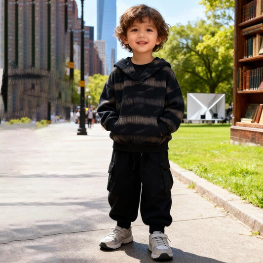 Midnight Brushstroke Hoodie (Black with Beige stripes)