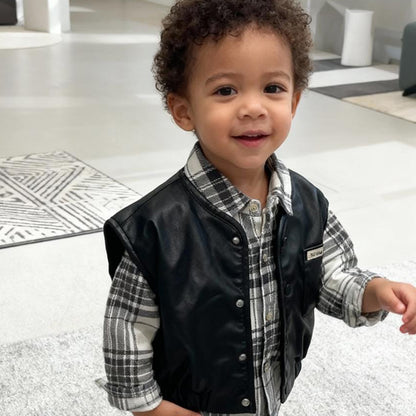 Midnight Rider Leather Vest & Plaid Shirt Set (Sleeveless leather jacket with shirt)