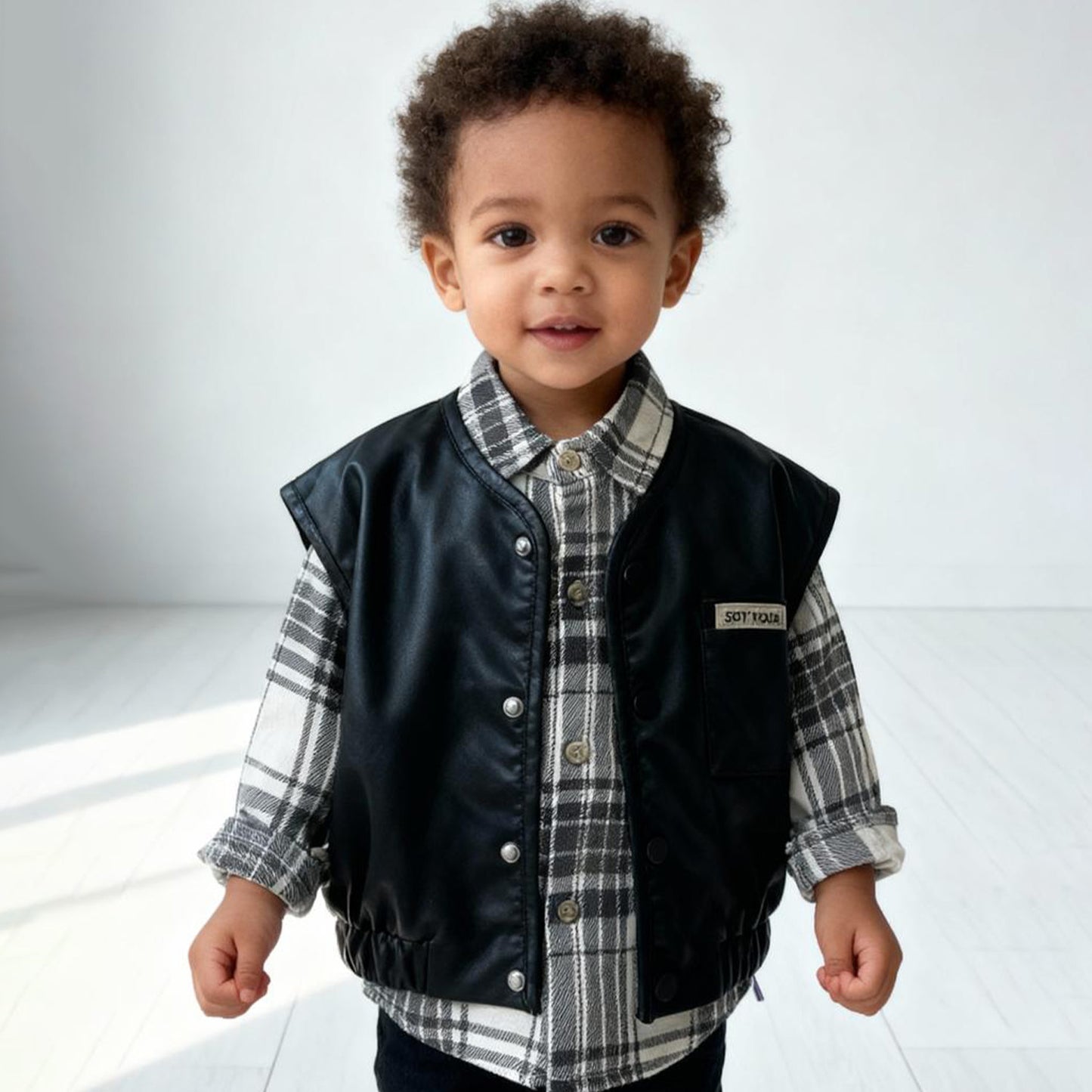 Midnight Rider Leather Vest & Plaid Shirt Set (Sleeveless leather jacket with shirt)