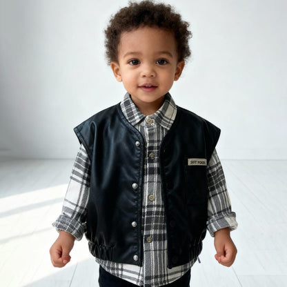 Midnight Rider Leather Vest & Plaid Shirt Set (Sleeveless leather jacket with shirt)