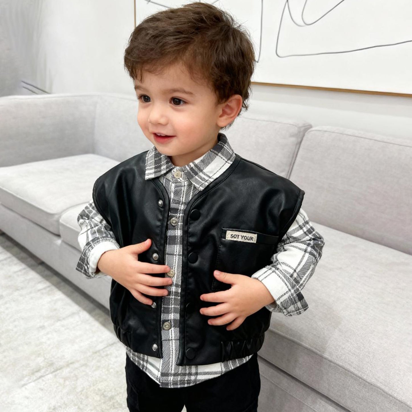 Midnight Rider Leather Vest & Plaid Shirt Set (Sleeveless leather jacket with shirt)