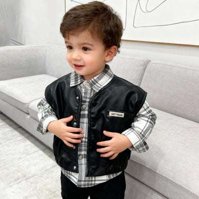 Midnight Rider Leather Vest & Plaid Shirt Set (Sleeveless leather jacket with shirt)