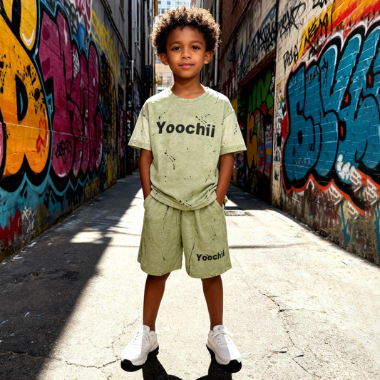 Mint Splash Logo Shorts Co-ord Set (Light Olive Green)