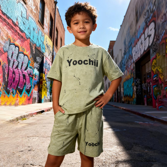 Mint Splash Logo Shorts Co-ord Set (Light Olive Green)