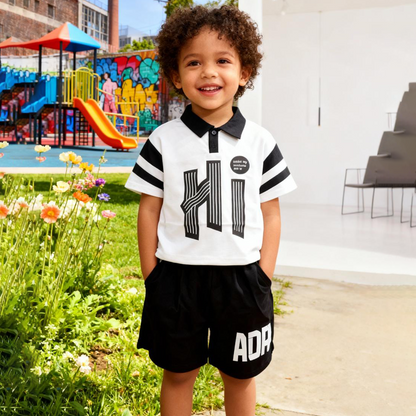 Monochrome “Hi” Polo Shorts Co-ord Set (White- Collar T-shirt)