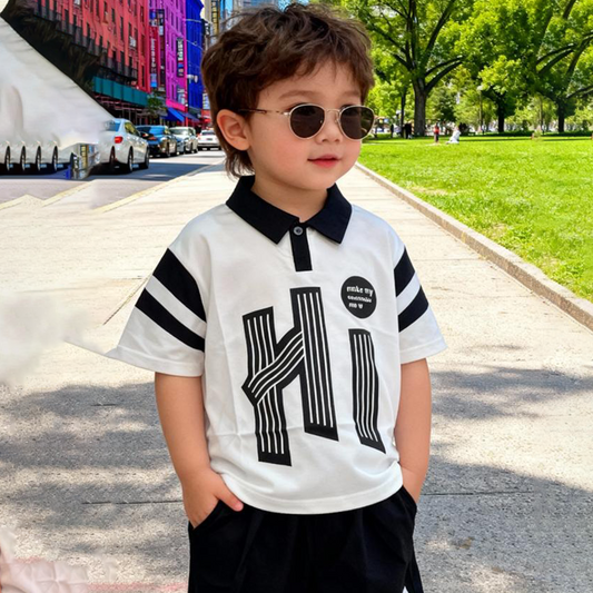 Monochrome “Hi” Polo Shorts Co-ord Set (White- Collar T-shirt)