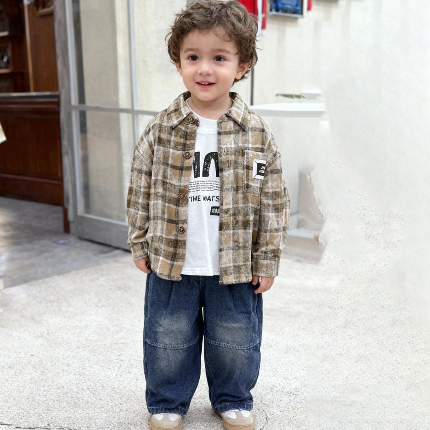 Pixel Code Cargo Co‑ord 3 piece set (light brown / beige with black and white plaid check)