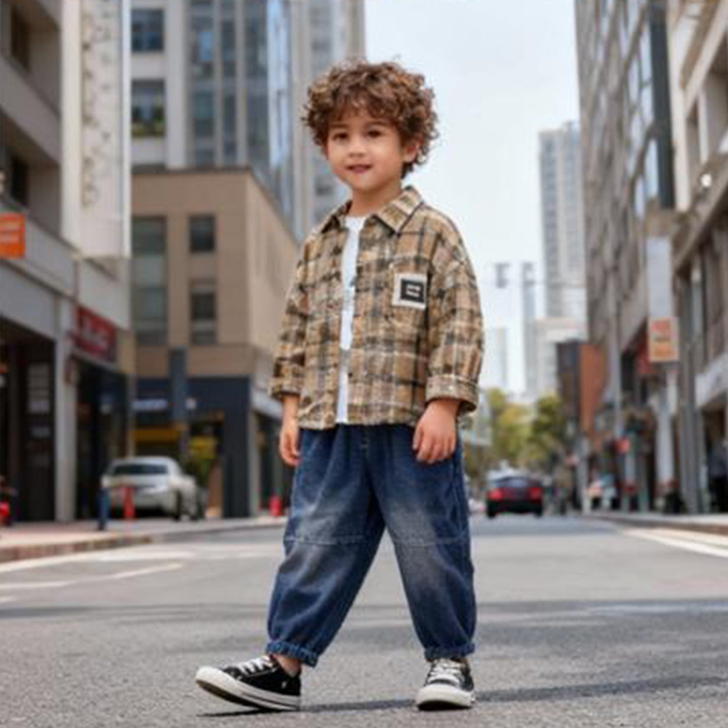 Pixel Code Cargo Co‑ord 3 piece set (light brown / beige with black and white plaid check)