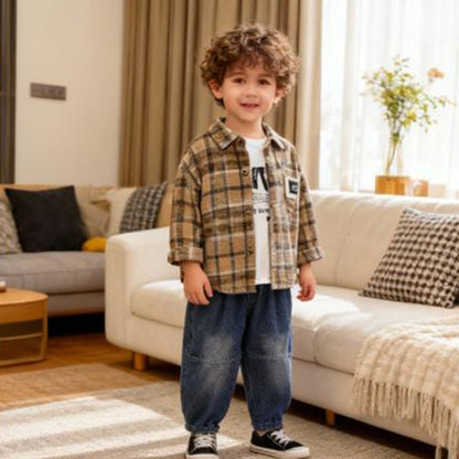 Pixel Code Cargo Co‑ord 3 piece set (light brown / beige with black and white plaid check)