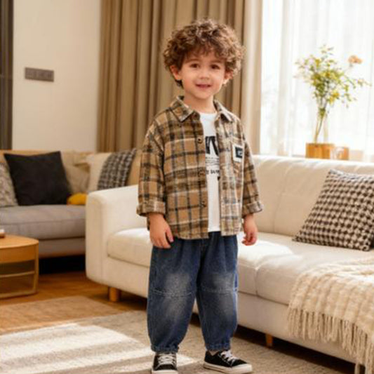 Pixel Code Cargo Co‑ord 3 piece set (light brown / beige with black and white plaid check)