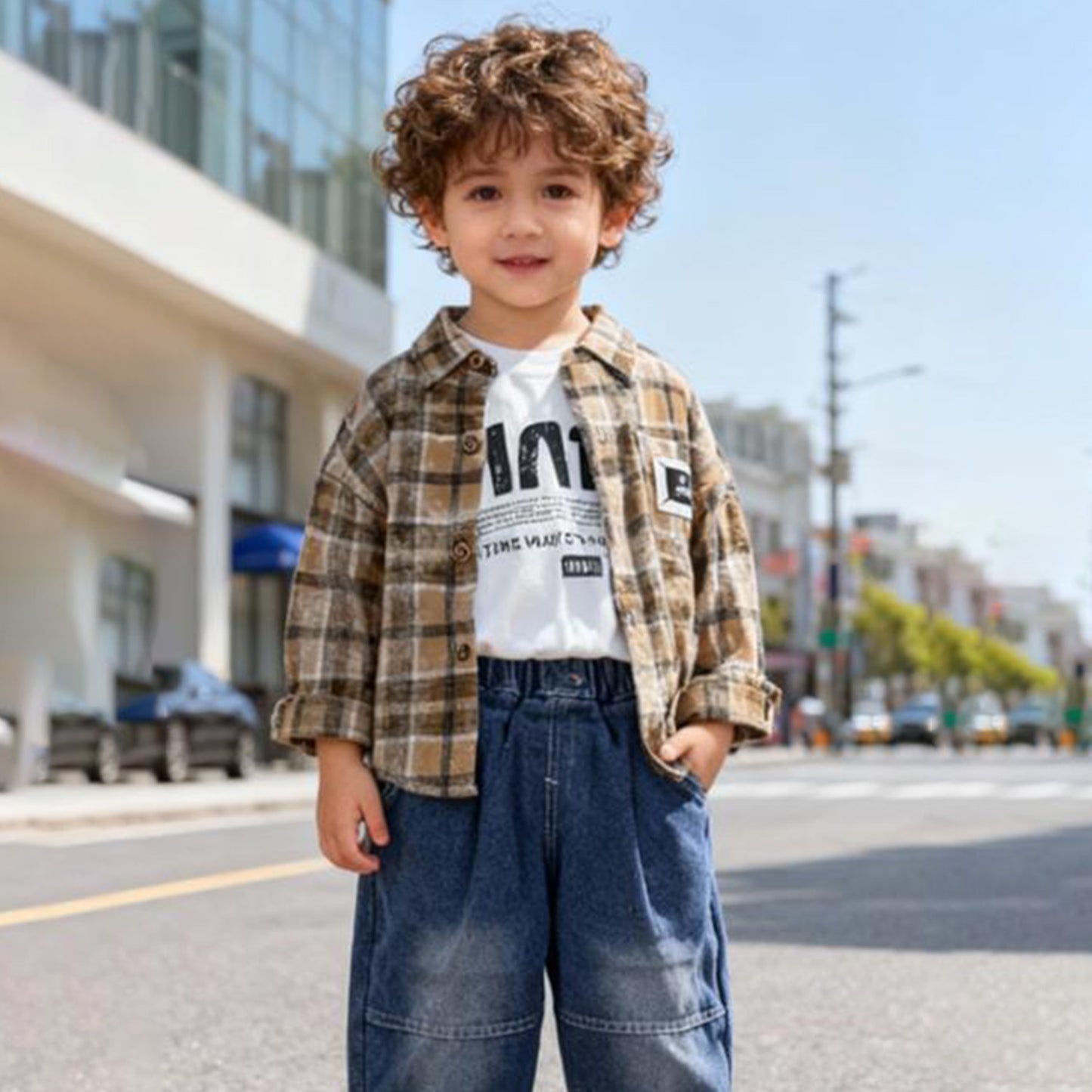 Pixel Code Cargo Co‑ord 3 piece set (light brown / beige with black and white plaid check)