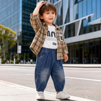 Pixel Code Cargo Co‑ord 3 piece set (light brown / beige with black and white plaid check)