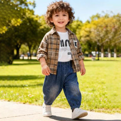 Pixel Code Cargo Co‑ord 3 piece set (light brown / beige with black and white plaid check)