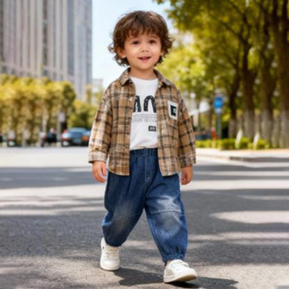 Pixel Code Cargo Co‑ord 3 piece set (light brown / beige with black and white plaid check)