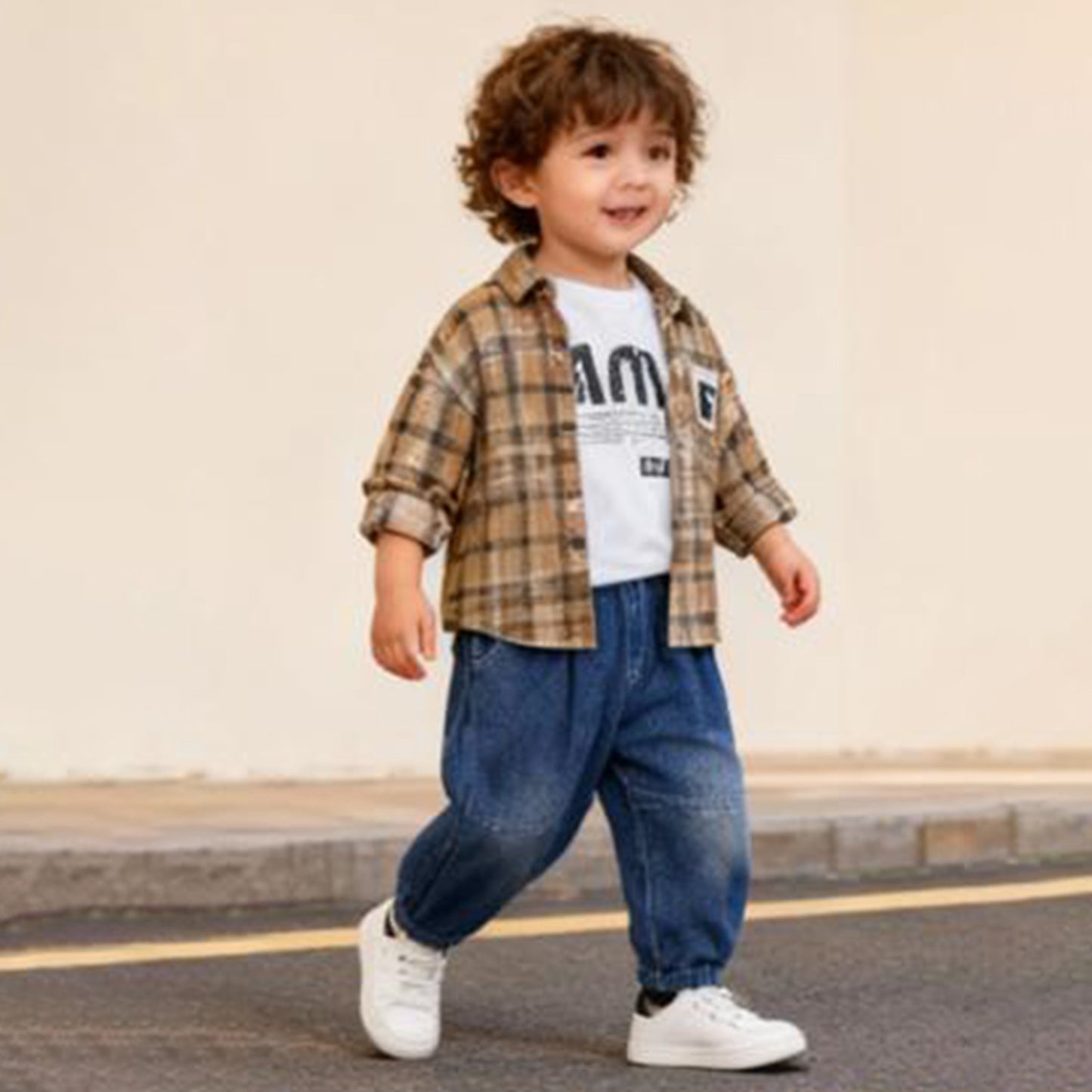 Pixel Code Cargo Co‑ord 3 piece set (light brown / beige with black and white plaid check)