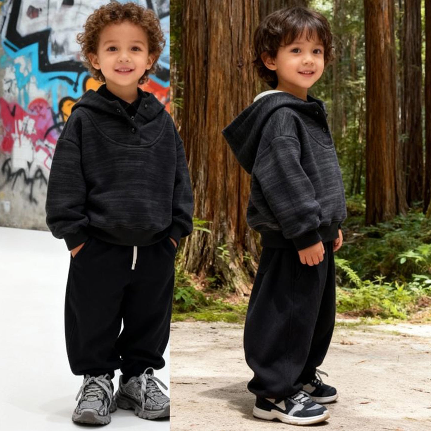 Shadow Funnel-Neck Luxe Hoodie (Black)