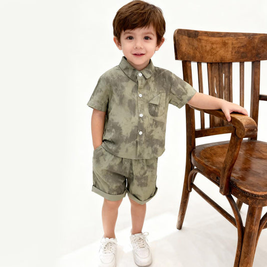 Olive Mist Button-Down Shorts Set (Military green)
