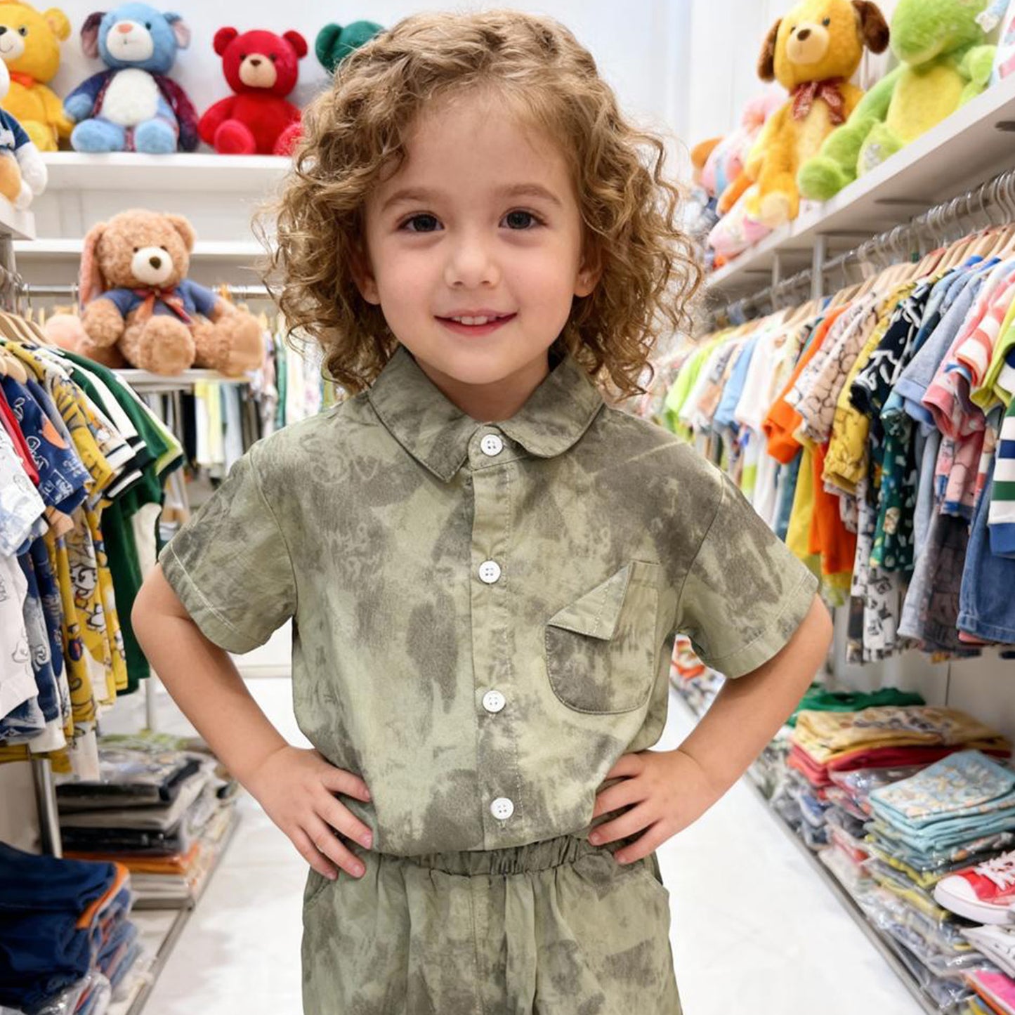 Olive Mist Button-Down Shorts Set (Military green)