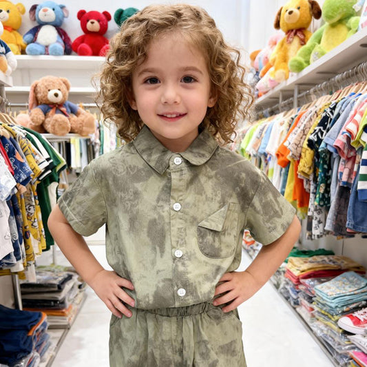 Olive Mist Button-Down Shorts Set (Military green)