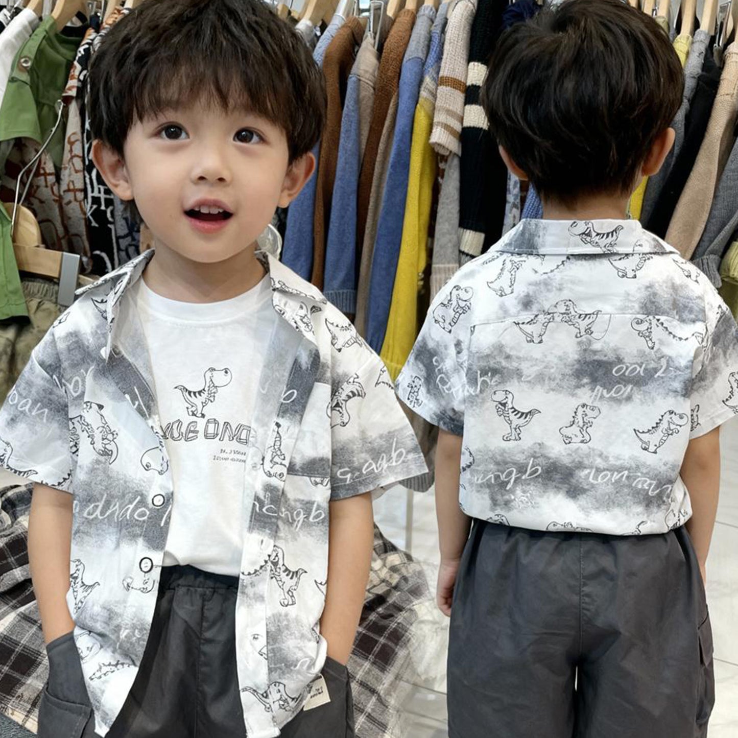 Sketch Dino Adventure Shirt & Shorts Set (White & gray)