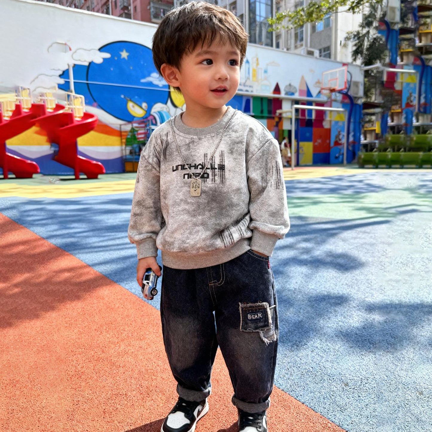 Silver Urban Bear Denim Co‑ord (White & Light gray T-shirt with jeans)