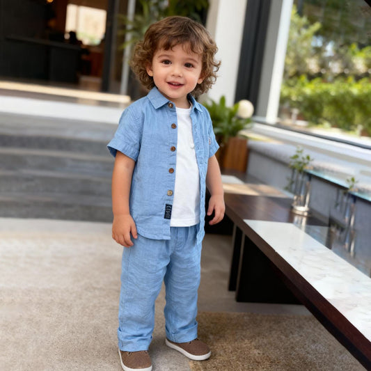 Skyline Linen Co-ord Set (Blue half sleeve)