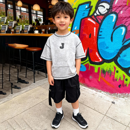 Stone Wash Street Shorts Co-ord (Gray & White)